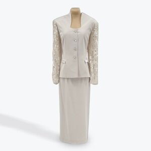 Daymor Couture Skirt‎ Suit Set Sequin Sleeve Rhinestone Buttons Formal